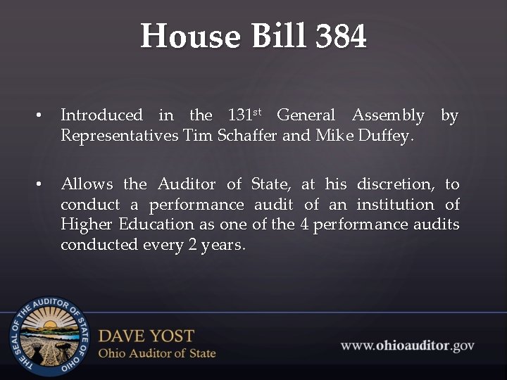 House Bill 384 • Introduced in the 131 st General Assembly by Representatives Tim
