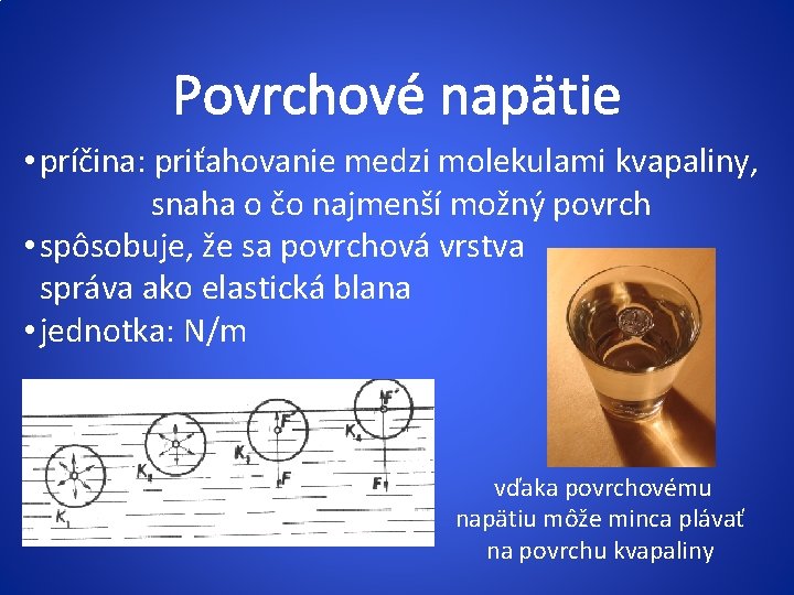 Povrchové napätie • príčina: priťahovanie medzi molekulami kvapaliny, snaha o čo najmenší možný povrch