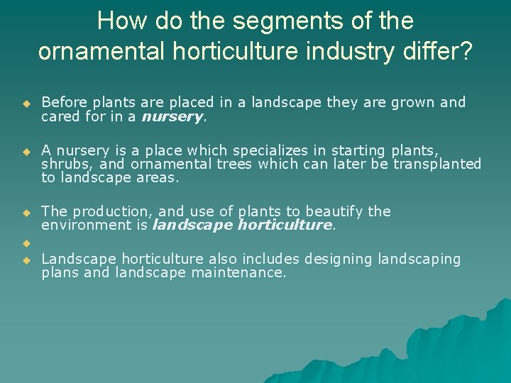 How do the segments of the ornamental horticulture industry differ? u Before plants are