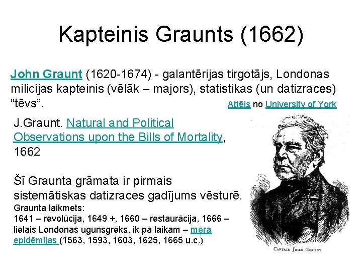 Kapteinis Graunts (1662) John Graunt (1620 -1674) - galantērijas tirgotājs, Londonas milicijas kapteinis (vēlāk