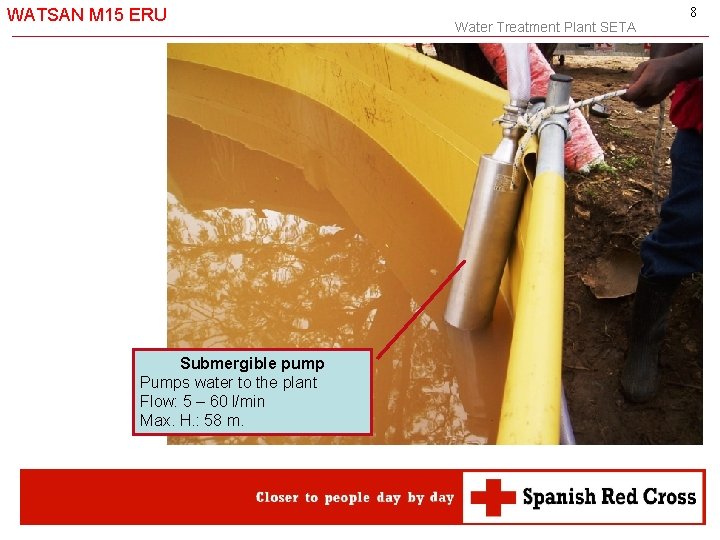 WATSAN M 15 ERU Submergible pump Pumps water to the plant Flow: 5 –