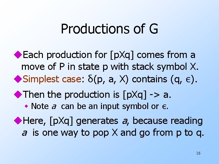 Productions of G u. Each production for [p. Xq] comes from a move of