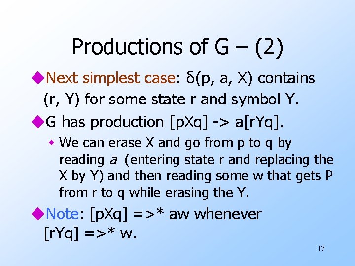 Productions of G – (2) u. Next simplest case: δ(p, a, X) contains (r,