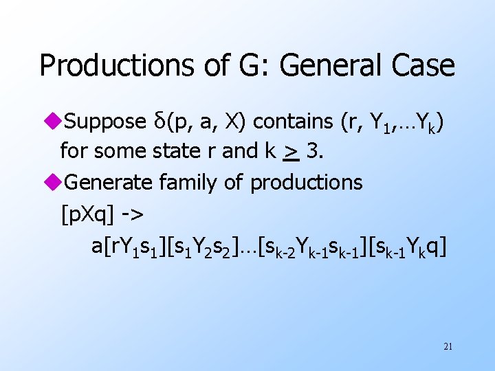 Productions of G: General Case u. Suppose δ(p, a, X) contains (r, Y 1,