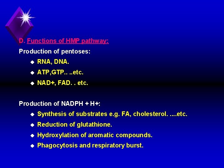 D. Functions of HMP pathway: Production of pentoses: u RNA, DNA. u ATP, GTP.