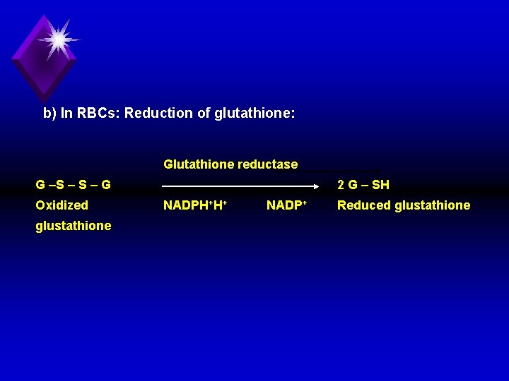 b) In RBCs: Reduction of glutathione: Glutathione reductase G –S – G Oxidized glustathione