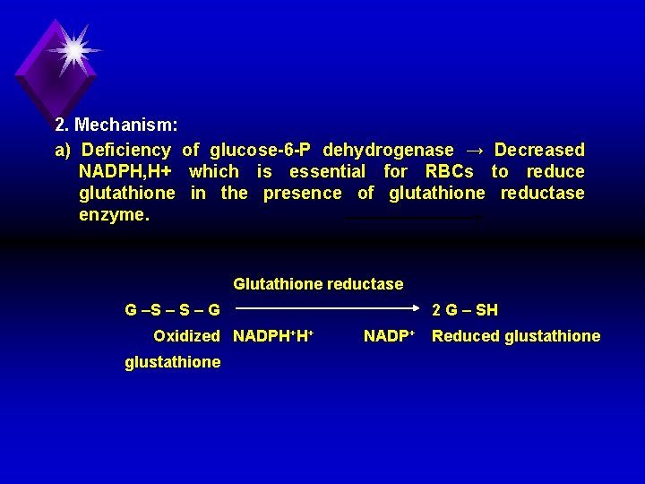 2. Mechanism: a) Deficiency of glucose 6 P dehydrogenase → Decreased NADPH, H+ which