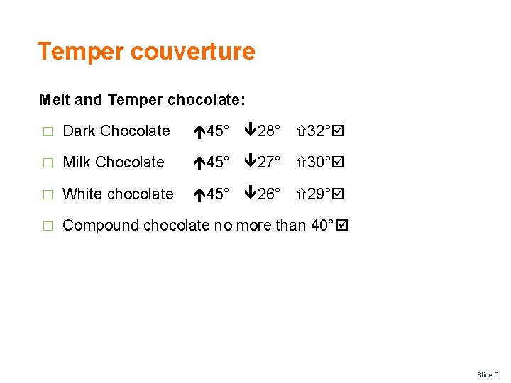 Temper couverture Melt and Temper chocolate: � Dark Chocolate 45° 28° 32° � Milk