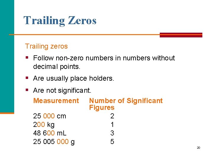 Trailing Zeros Trailing zeros § Follow non-zero numbers in numbers without decimal points. §