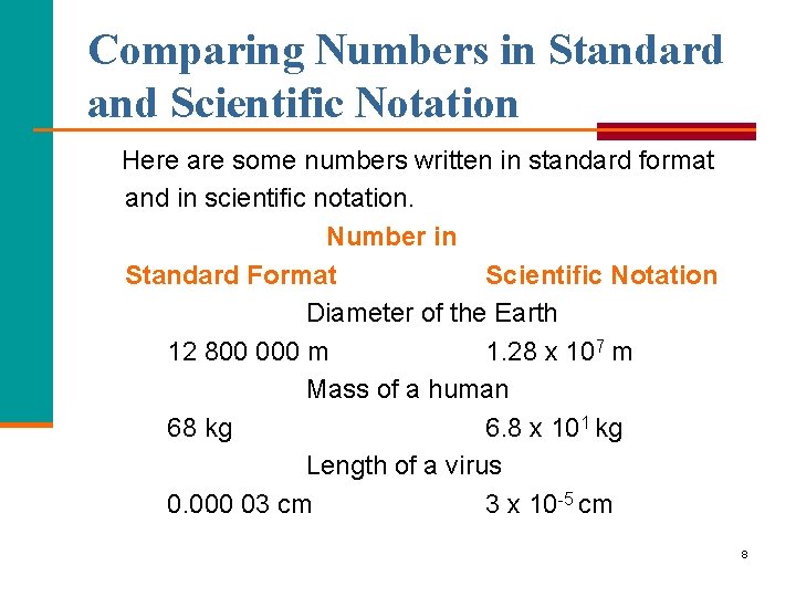 Comparing Numbers in Standard and Scientific Notation Here are some numbers written in standard