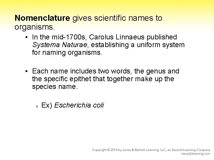 Nomenclature gives scientific names to organisms. • In the mid-1700 s, Carolus Linnaeus published