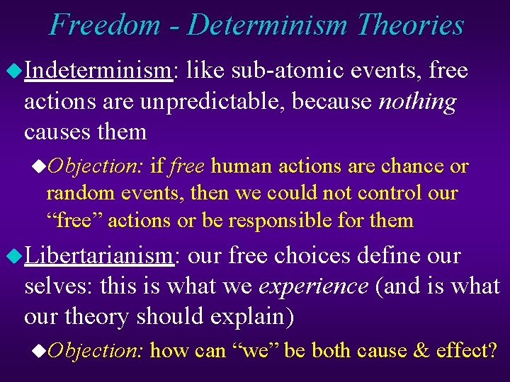 Freedom - Determinism Theories u. Indeterminism: like sub-atomic events, free actions are unpredictable, because