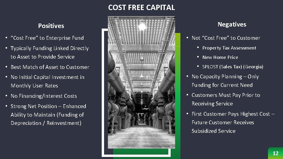 COST FREE CAPITAL Positives • “Cost Free” to Enterprise Fund • Typically Funding Linked