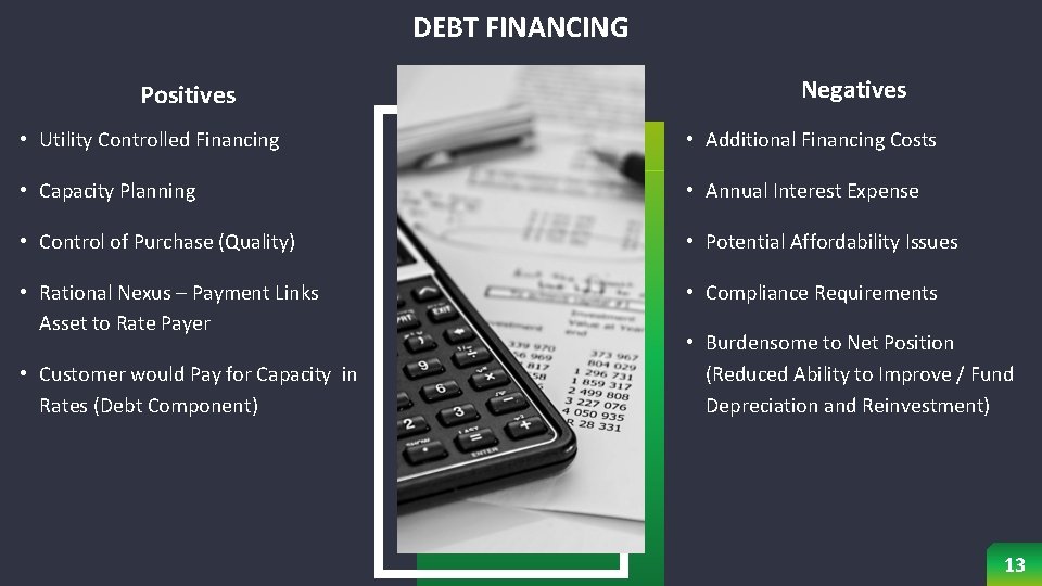 DEBT FINANCING Positives Negatives • Utility Controlled Financing • Additional Financing Costs • Capacity