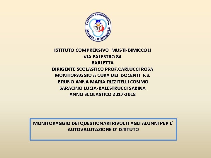 ISTITUTO COMPRENSIVO MUSTI-DIMICCOLI VIA PALESTRO 84 BARLETTA DIRIGENTE SCOLASTICO PROF. CARLUCCI ROSA MONITORAGGIO A