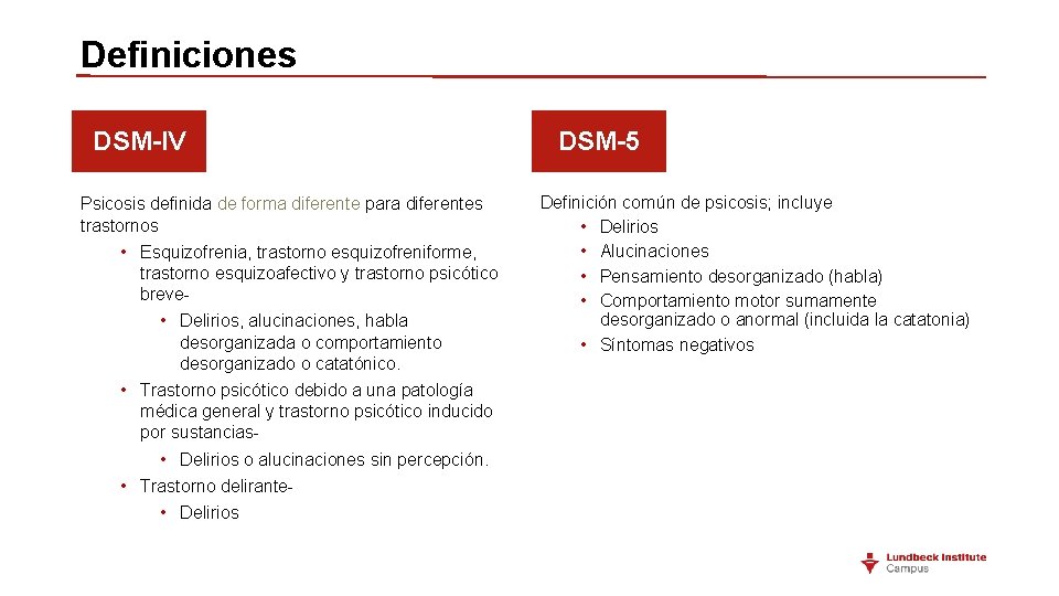 Definiciones DSM-IV Psicosis definida de forma diferente para diferentes trastornos • Esquizofrenia, trastorno esquizofreniforme,