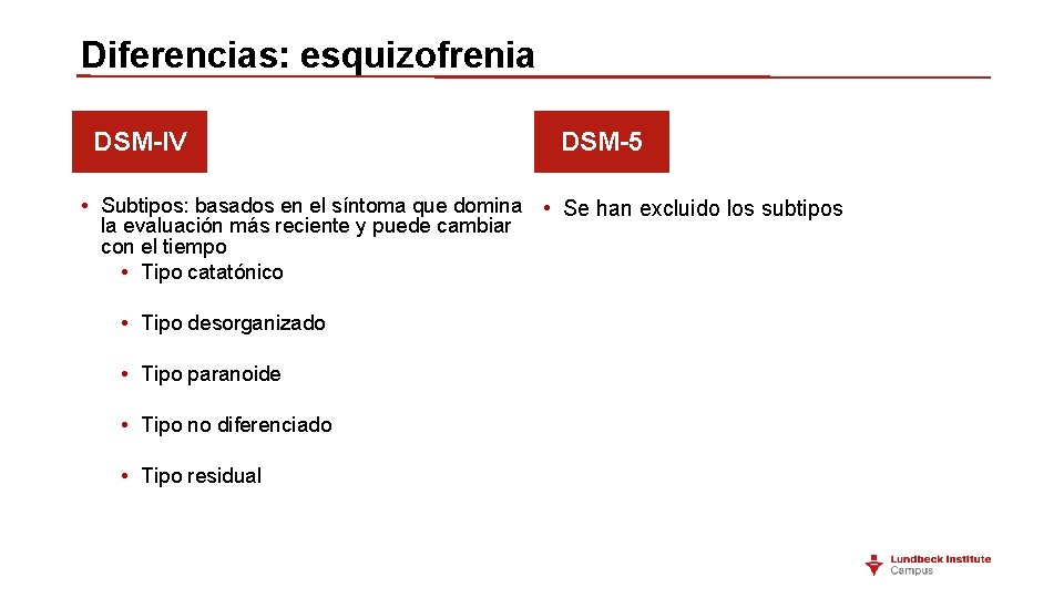 Diferencias: esquizofrenia DSM-IV DSM-5 • Subtipos: basados en el síntoma que domina • Se