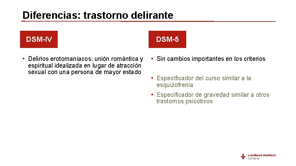 Diferencias: trastorno delirante DSM-IV DSM-5 • Delirios erotomaníacos: unión romántica y • Sin cambios