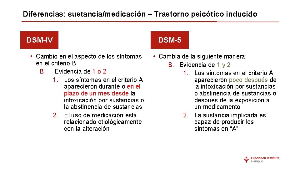 Diferencias: sustancia/medicación – Trastorno psicótico inducido DSM-IV • Cambio en el aspecto de los