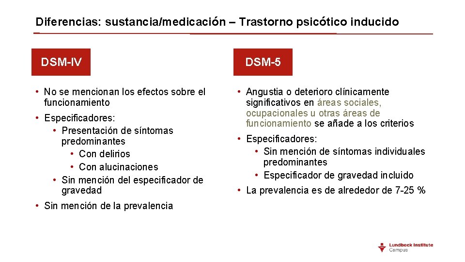 Diferencias: sustancia/medicación – Trastorno psicótico inducido DSM-IV • No se mencionan los efectos sobre