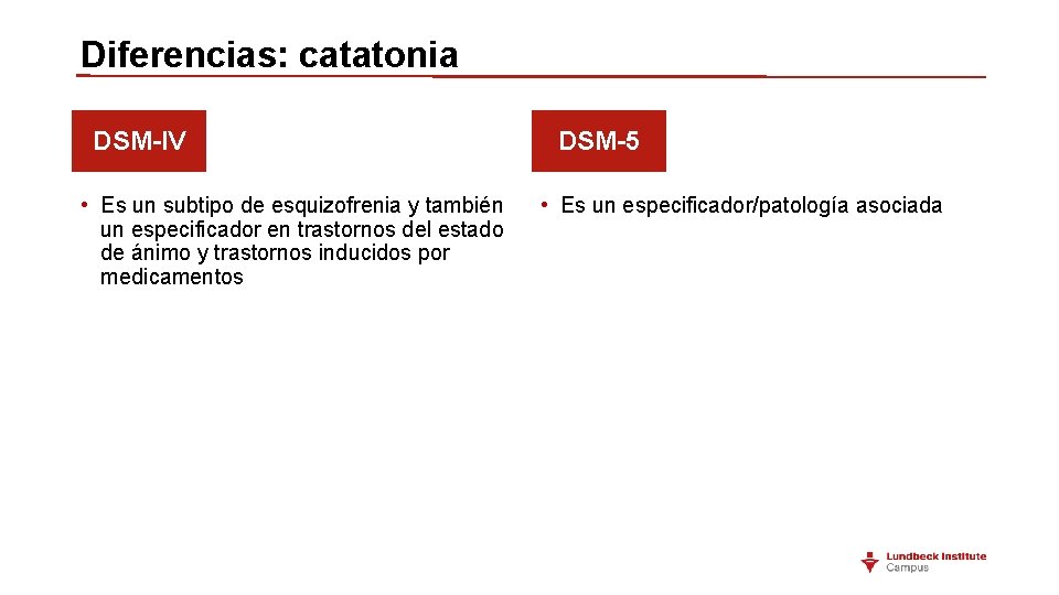 Diferencias: catatonia DSM-IV • Es un subtipo de esquizofrenia y también un especificador en
