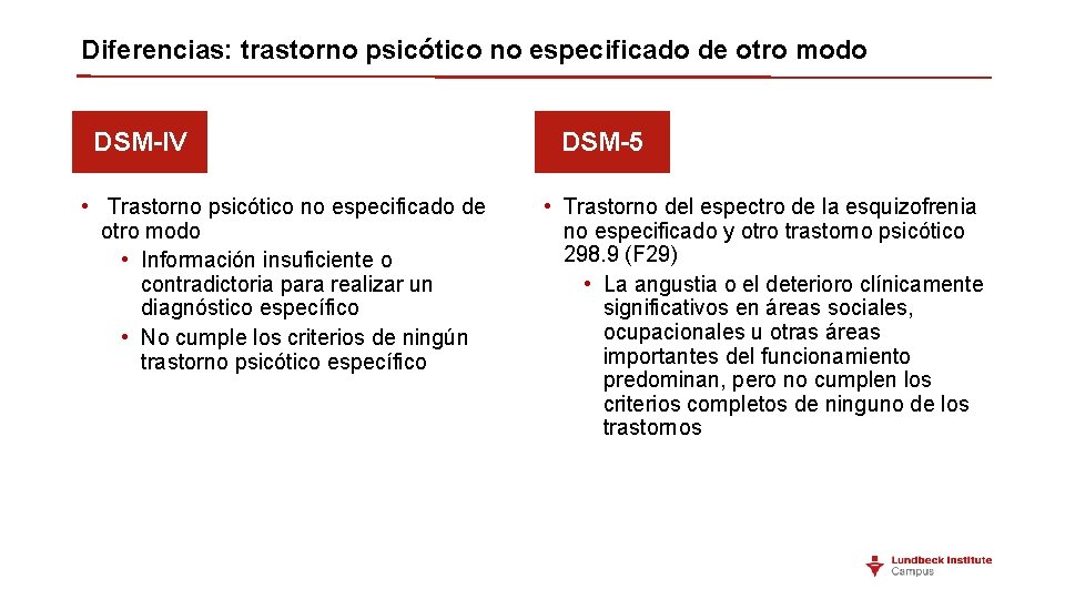 Diferencias: trastorno psicótico no especificado de otro modo DSM-IV • Trastorno psicótico no especificado Diferencias: trastorno psicótico no especificado de otro modo DSM-IV • Trastorno psicótico no especificado