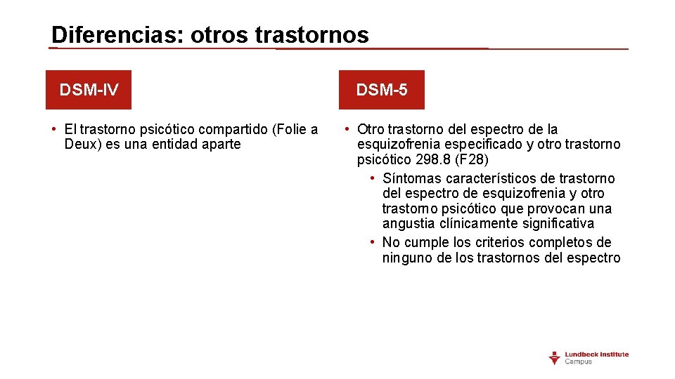 Diferencias: otros trastornos DSM-IV • El trastorno psicótico compartido (Folie a Deux) es una