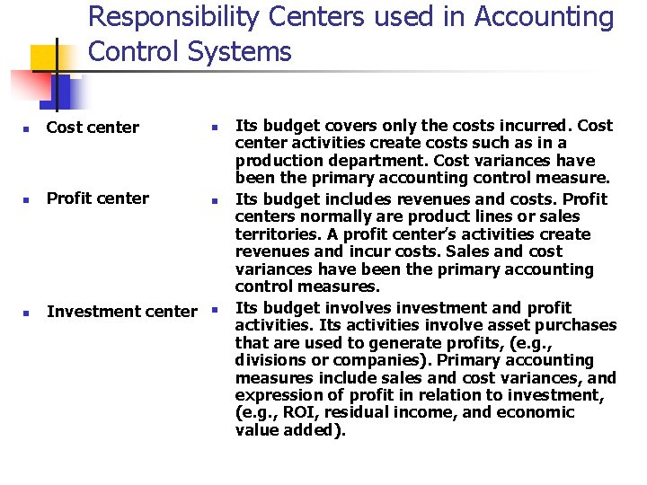 Responsibility Centers used in Accounting Control Systems n Cost center n n Profit center