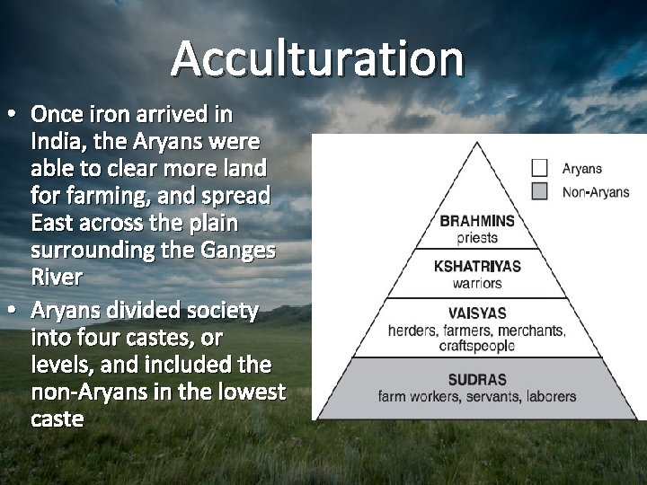 Acculturation • Once iron arrived in India, the Aryans were able to clear more