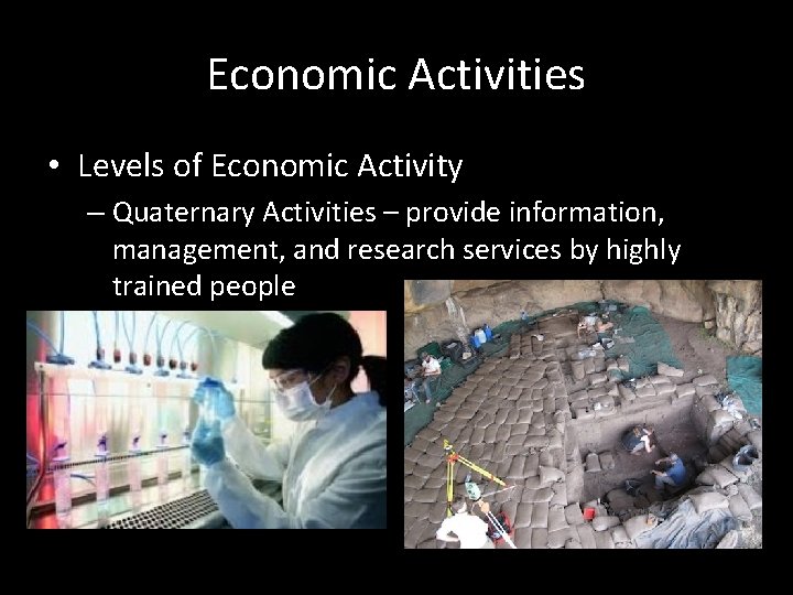 Economic Activities • Levels of Economic Activity – Quaternary Activities – provide information, management,