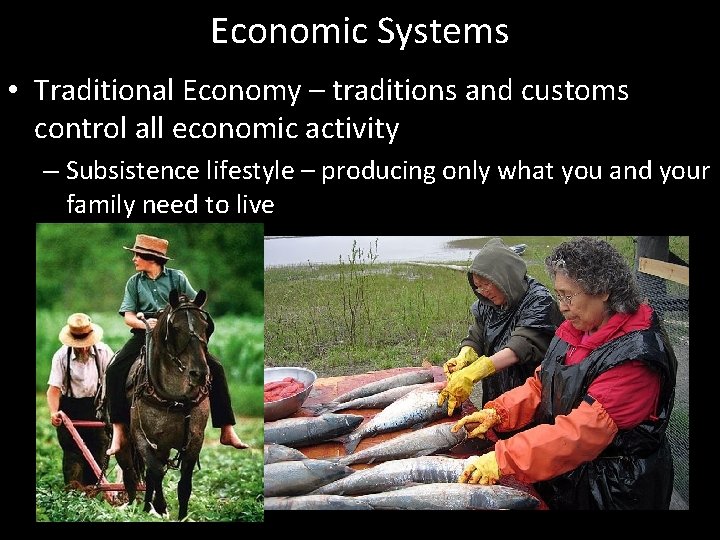 Economic Systems • Traditional Economy – traditions and customs control all economic activity –