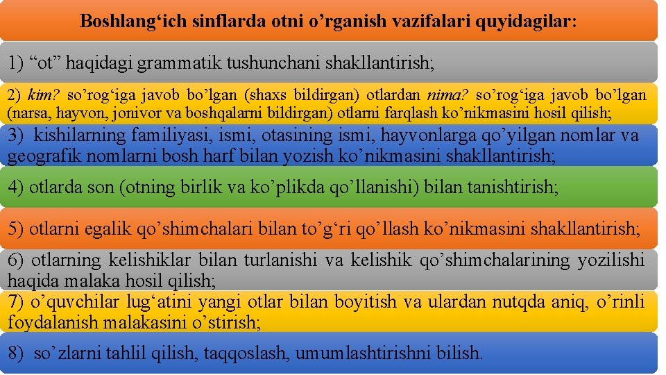 Boshlang‘ich sinflarda otni o’rganish vazifalari quyidagilar: 1) “ot” haqidagi grammatik tushunchani shakllantirish; 2) kim?