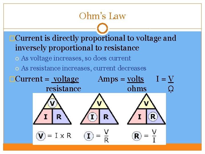 Ohm’s Law �Current is directly proportional to voltage and inversely proportional to resistance As