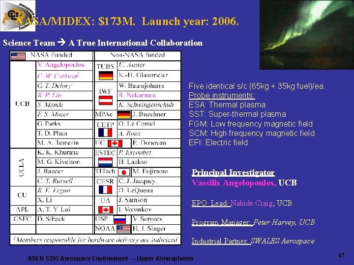 NASA/MIDEX: $173 M. Launch year: 2006. Science Team A True International Collaboration Five identical NASA/MIDEX: $173 M. Launch year: 2006. Science Team A True International Collaboration Five identical