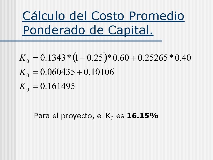 Cálculo del Costo Promedio Ponderado de Capital. Para el proyecto, el K 0 es