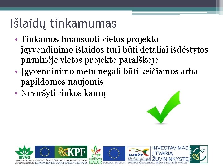 Išlaidų tinkamumas • Tinkamos finansuoti vietos projekto įgyvendinimo išlaidos turi būti detaliai išdėstytos pirminėje