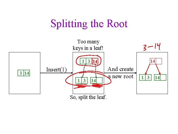 Splitting the Root Too many keys in a leaf! 1 3 14 Insert(1) 1