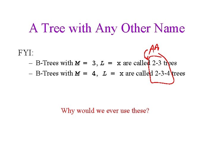 A Tree with Any Other Name FYI: – B-Trees with M = 3, L