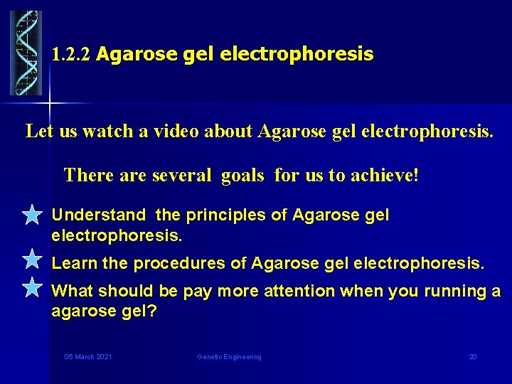 1. 2. 2 Agarose gel electrophoresis Let us watch a video about Agarose gel
