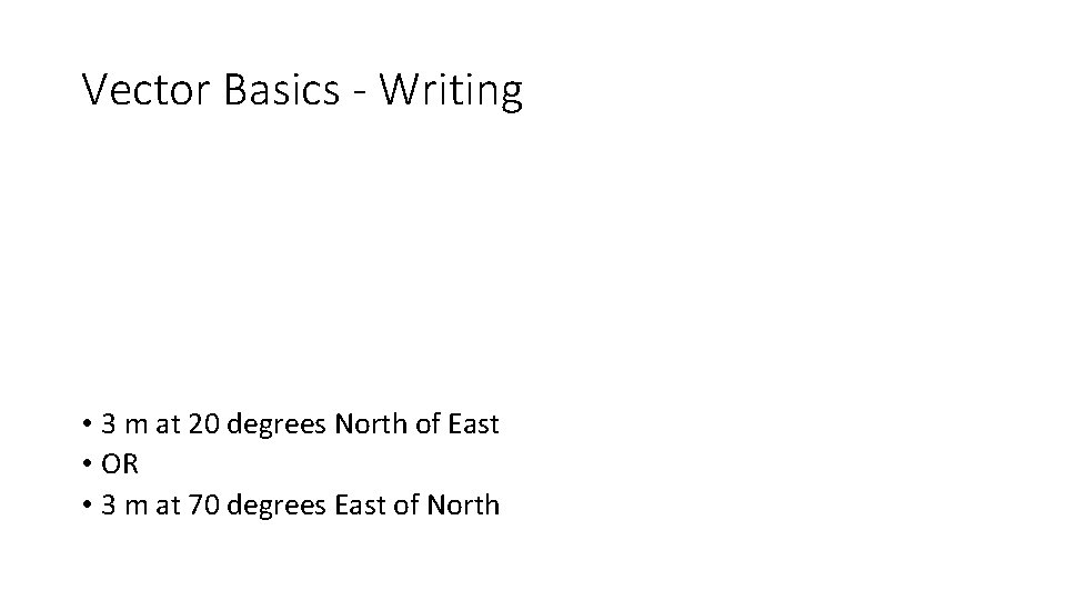 Vector Basics - Writing • 3 m at 20 degrees North of East •