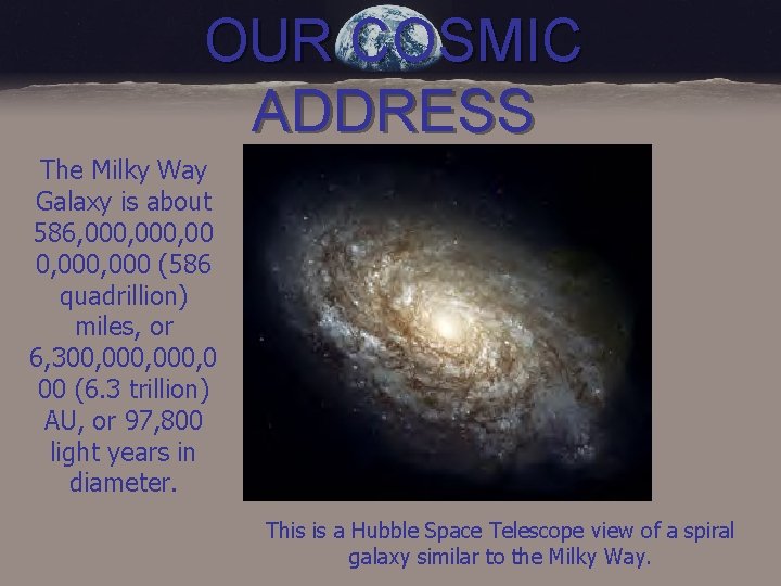 OUR COSMIC ADDRESS The Milky Way Galaxy is about 586, 000, 000 (586 quadrillion)
