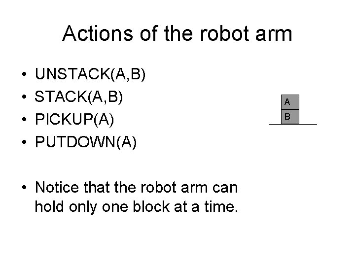 Actions of the robot arm • • UNSTACK(A, B) PICKUP(A) PUTDOWN(A) • Notice that Actions of the robot arm • • UNSTACK(A, B) PICKUP(A) PUTDOWN(A) • Notice that