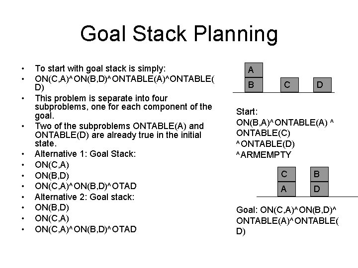 Goal Stack Planning • • • To start with goal stack is simply: ON(C, Goal Stack Planning • • • To start with goal stack is simply: ON(C,