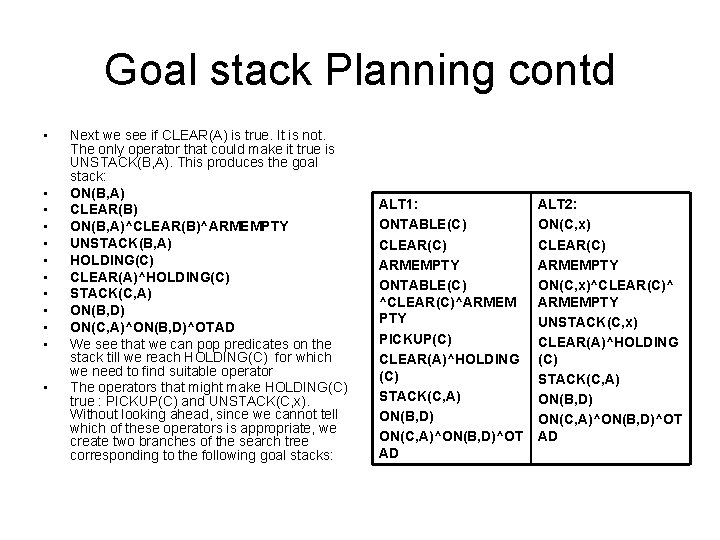 Goal stack Planning contd • • • Next we see if CLEAR(A) is true. Goal stack Planning contd • • • Next we see if CLEAR(A) is true.