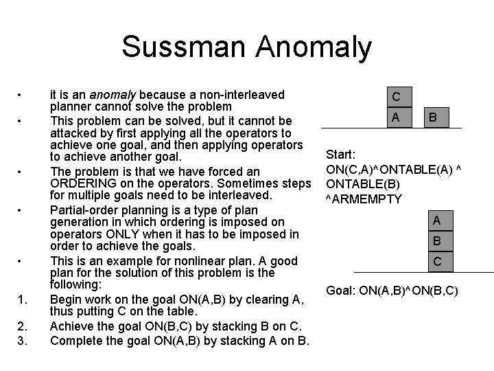 Sussman Anomaly • • • 1. 2. 3. it is an anomaly because a Sussman Anomaly • • • 1. 2. 3. it is an anomaly because a