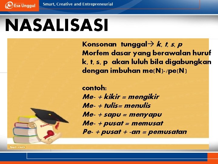 NASALISASI Konsonan tunggal k, t, s, p Morfem dasar yang berawalan huruf k, t,