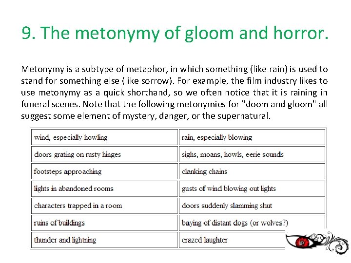 9. The metonymy of gloom and horror. Metonymy is a subtype of metaphor, in