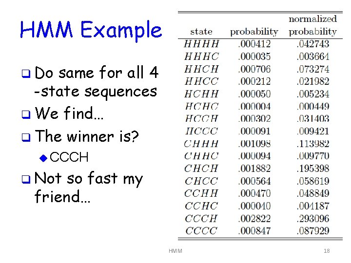 HMM Example q Do same for all 4 -state sequences q We find… q