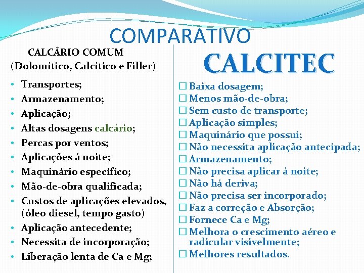 COMPARATIVO CALCÁRIO COMUM (Dolomítico, Calcítico e Filler) Transportes; Armazenamento; Aplicação; Altas dosagens calcário; Percas