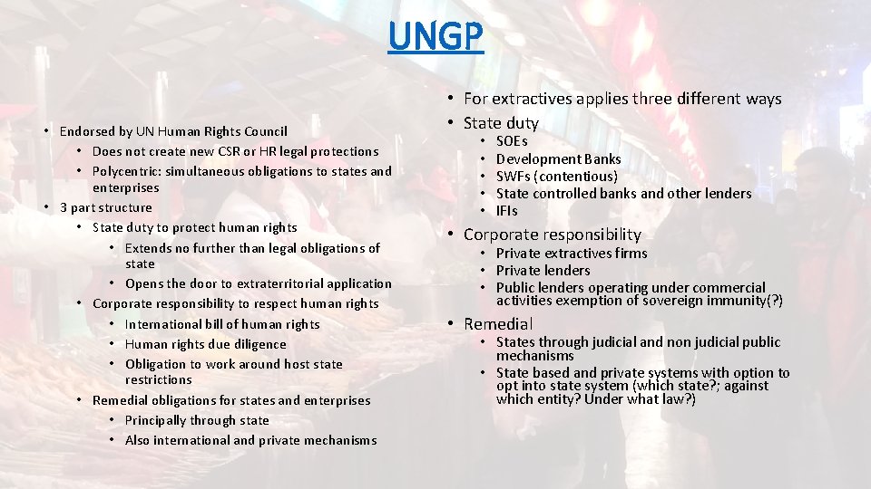 UNGP • Endorsed by UN Human Rights Council • Does not create new CSR